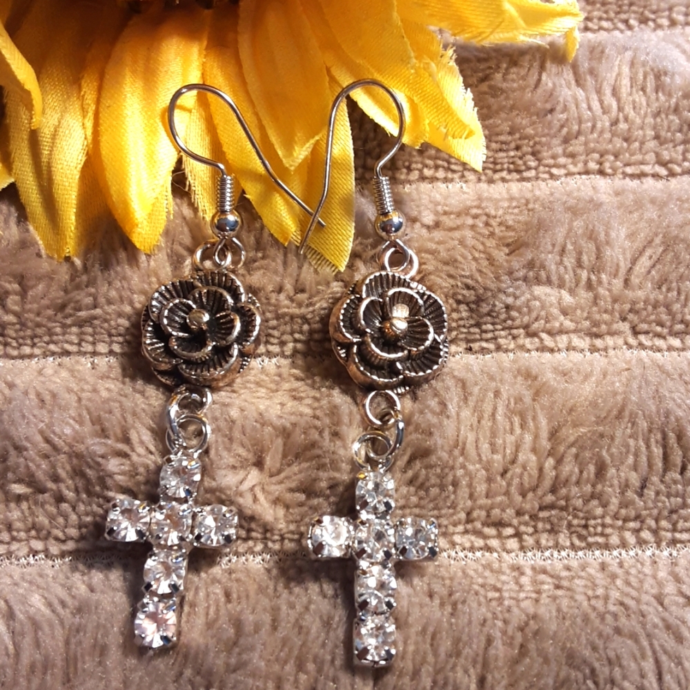 Handmade Flower and Rhinestone Cross Earrings Silvertone